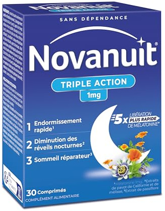NOVANUIT TRIPLE ACTION – Endormissement – Complément Alimentaire Mélatonine 1mg Plantes Vitamine B6 – Réveils nocturnes – Sommeil réparateur – 30 comprimés – Réservé à l’adulte