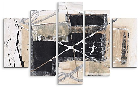 Paul Sinus Art 5 teiliges Wandbild auf Leinwand (Gesamt: H: 100cm B: 160cm) Keilrahmenbild Canvas Fotodruck Leinwandbild Leinwanddruck Kunstdruck Wandbild schwarz beige weiß Strich