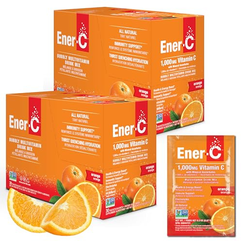 Ener-C - Vitamin C Immune Support, 1000mg Vitamin C Effervescent Multivitamin Drink Powder, Fruit Juice Vitamin C Drink Mix for Hydration with Electrolytes, Orange, 60 Packets (2-Pack)
