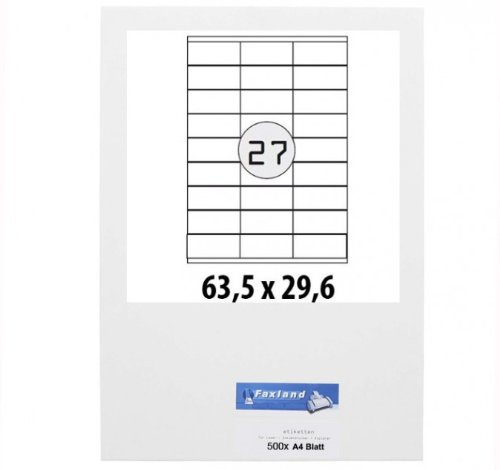 500x A4 Bögen Etiketten 63.5 x 29.6 mm für Amazon FBA Versand, 27x je Blatt, 63x29 weiße selbstklebende Faxland Versandetiketten