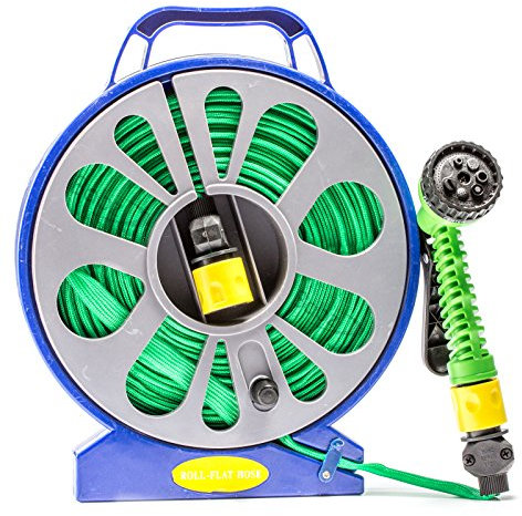 Babz 50ft (15m) Garden Flat Hose and Spray Nozzle with Reel Easy Wind Reel With 7 Settings 50 ft