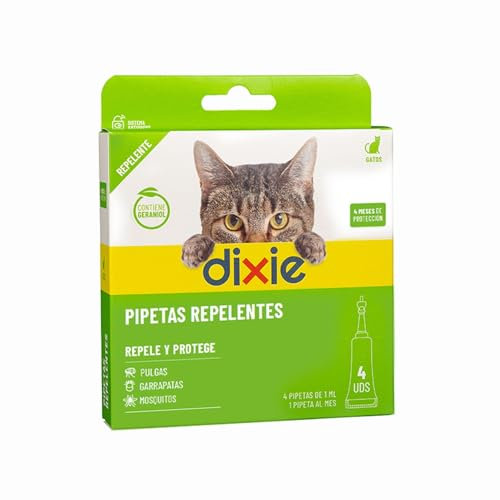 DIXIE - Pipetas Repelentes Gatos - 4 uds x 1 ml - Pipetas Repelentes - 4 Meses de Protección - contra Piojos, Mosquitos, Pulgas y Garrapatas - sin Insecticidas - Todos los Tamaños de Gatos