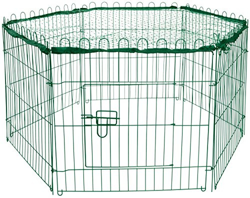 dobar 80596 6-eckiges Freilaufgehege, Kaninchengehege aus Metall mit Nylon Netz für draußen winterfest, 112 x 98 x 56 cm, grün