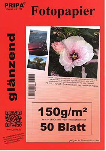 pripa 50 Blatt Fotopapier DIN A4, 150g/qm, high -glossy glaenzend -sofort trocken -wasserfest-hochweiß-sehr hohe Farbbrillianz, fuer InkJet - Tinten Drucker