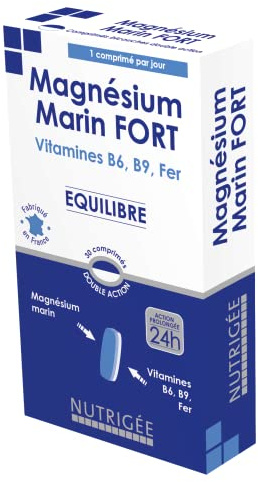 NUTRIGÉE - Magnésium Marin Fort - Équilibre - Anti-Fatigue - Réduit la Fatigue, Favorise Équilibre Psychique et un Système Nerveux Normalisé - 30 Comprimés - Programme de 30 Jours - Fabriqué en France