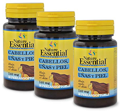 Nature Essential - Cabello, Uñas y Piel 540 mg - 30 Perlas - Hierro, Vitamina y Biotina - Con Aceite de Borraja, Omega 3 y L-Cistina - Pack 3 Unidades