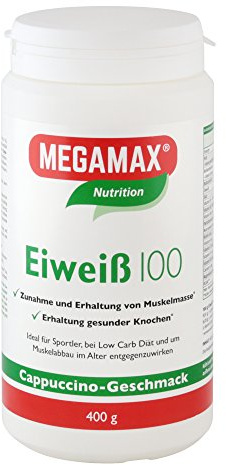Megamax Eiweiss Cappuccino 400 g | Molkenprotein + Milcheiweiß Für Muskelaufbau ,Diaet | 2k-Eiweiss ideal zum Backen | hochwertiges Low Carb Eiweiß-Shake | aspartamfrei Eiweiß-pulver mit Aminosäure