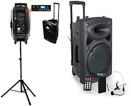 Ibiza Port15VHF-BT + Boxenständer Mobile PA-Anlage transportabel (USB-SD-MP3, 450 Watt, Mischpult, Trolley-Bauweise, Akku, 2 Funkmikrofone)