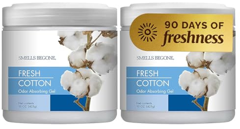 SMELLS BEGONE 15oz Gel Odor Eliminator - Absorb & Remove Tough Odors in Pet Areas, Bathrooms, Basements, Garage, Cars, RVs & Boats - Eliminate Odors Quickly (2-Pack, Fresh Cotton)
