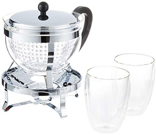 BODUM Chambord Set with Rechaud 1.5 L and 2 Pack of Double Wall Glasses Pavina 0.35 L Tea Maker, multi-layered, Black, 16.8 x 23.1 x 22.3 cm