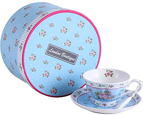 London Boutique Cup and Saucer Set Afternoon Tea Set New Bone China Vintage Flora Rose Porcelain Gift Box (Rose Blue 1pc Set)