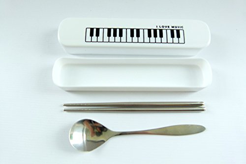 Music Themed Cutlery Kit – “I Love Music” Keyboard Design Metal Spoon & Chopstick Set – Reusable Travel Utensils for Students, Bento & Gifts