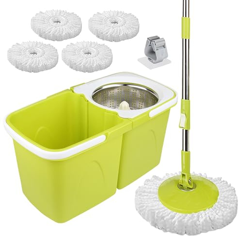 ARSUK Spin Mop and Bucket Sets - 2 Separate Stackable Buckets with 4 Microfiber Spin Mop Heads Replacement & 360° Spinnable Adjustable Height Telescopic Handle (Lemon)