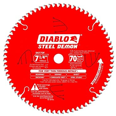 Diablo 7-1/4-Inch x 70-Teeth Steel Demon Carbide Saw Blade for Thin Metal - Ideal for Mild Steel Cutting, 12 Gauge or Thinner - Tico Hi-Density Carbide, Triple Chip Grind - D0770F