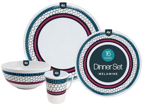 Leisurewize LWACC380 Melamine 16 Pcs Dinner Set - Plates, Bowls, Mugs, Side Plates - Honeycomb Art, Heat Resistant, Dishwasher Safe Portable Dinnerware