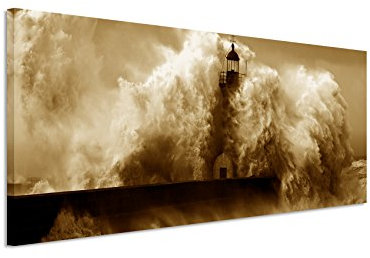 Sinus Art 150x50cm Wandbild Panorama Fotoleinwand Bild in Sepia Leuchtturm im Sturm Fluss Douro