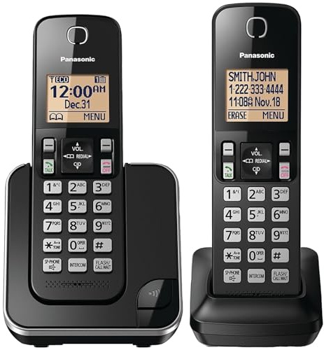 Panasonic Cordless Phone 2 Handsets System Expandable with Amber Backlit Display – KX-TGC352B (Black)