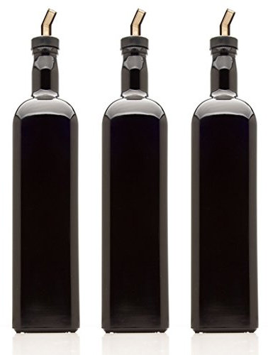 Infinity Jars Black Ultraviolet Square Glass Oil Bottle 1L (34 fl oz) w/Plastic Pour Spout, Airtight Round Easy Refill Vinegar Cruet Cooking Oil Dispenser Bottle, Olive Oil Bottle for Kitchen 3-Pack