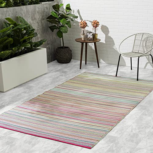 Fab Habitat Outdoor Rug - Waterproof, Fade Resistant, Crease-Free - Premium Recycled Plastic - Striped - Porch, Deck, Balcony, Mudroom, Laundry Room, Patio - Cancun - Candy - 3 x 5 ft