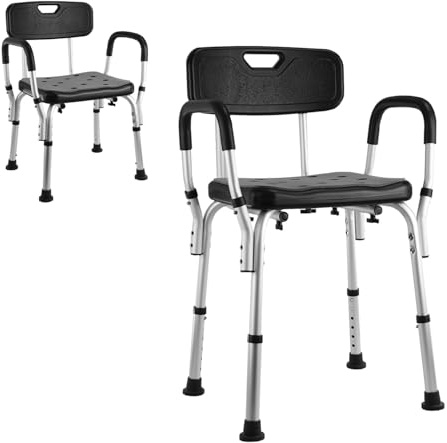 MP Essentials Black Shower Chair | Height Adjustabe Bath Shower Stool Chair with Sturdy Heavy Duty Aluminium Frame and Padded Arm Rests, Ideal for Elderly, Disabled and Pregnant Person