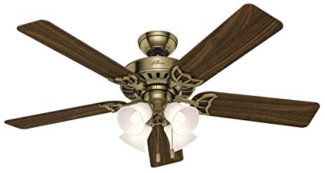 Hunter 52 inch Indoor Ceiling Fan with LED Lights and Pull Chain - Brass Ceiling Fan, Standard Mount, 5 Blades, For Bedroom, Living Room, or Kitchen, Quiet - Studio Series 53063, Antique Brass