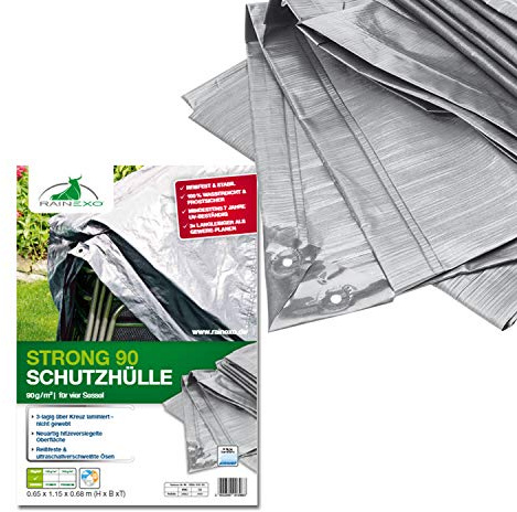 Rainexo Abdeckplane für Gartenmöbel / Wetterschutzhaube hochreißfest silber/grau für 4 stapelbare Sessel 0.65 x 1.15 x 0.68 m