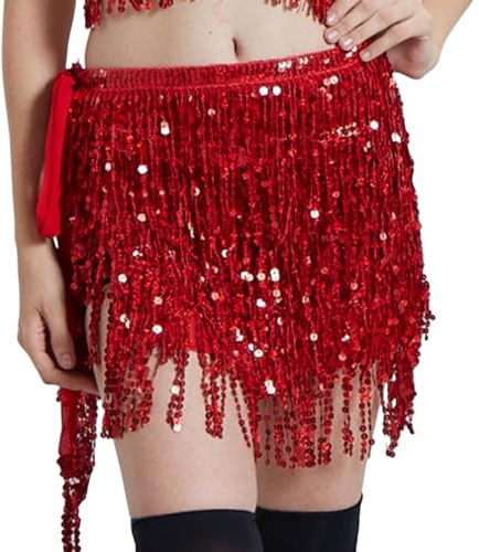 QG ltd Dance Belly Dance Dancer Costume Sequin Tassel Fringe Hip Scarf Belt Waist Wrap Skirt (Red)