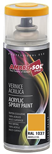 Ambro-Sol V4001037 Smalto Acrilico Multiuso, Vernice Brillante per Interni ed Esterni, Adatto per Qualsiasi Tipo di Materiale, Bomboletta Spray in Banda Stagnata Riciclabile da 400 ml, Giallo Sole