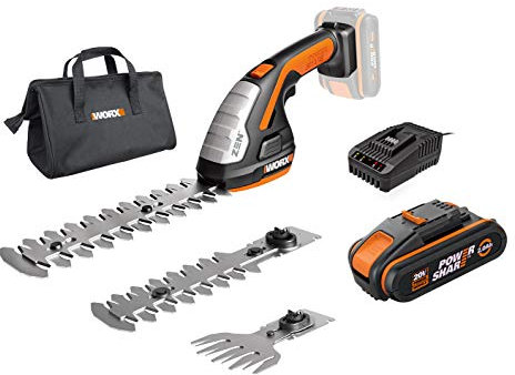 WORX 18V(20V MAX) Akku Gras- und Strauchschere WG801E.4, PowerShare, Heckenschere Rasenschere 20cm, 12 cm Strauchtrimmer, 10 cm Grasmesser, Rasenkantenschere, Tragetasche, 1 Std. Schnellladegerät