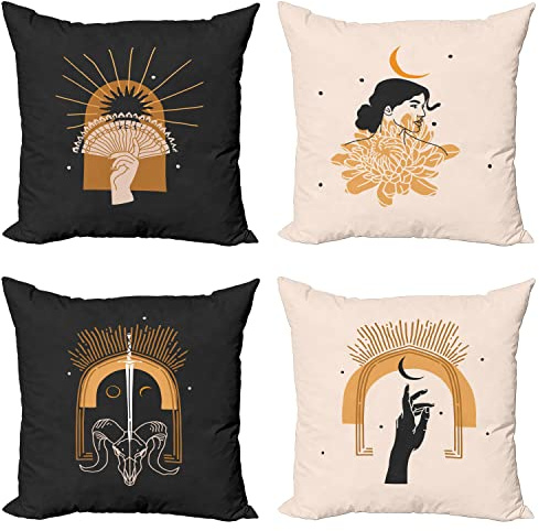 Ambesonne Bohemian Throw Pillow Cushion Case Pack of 4, Mystic Themed Ornaments of Hands Lady Bull Skull and Sword, Modern Accent Double-Sided Digital Printing, 20, Dark Grey Amber and Champagne