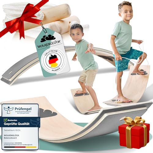 WOLKENGLÜCK® Balance Board Kinder [80x30cm] - Hochwertiges Balancierbrett mit Fingerschutz - Balanceboard für Kinder inkl. Seil + Anti-Rutsch + Filz - Wobbel Board aus hochwertigem Buchenholz
