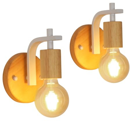DELIPOP Wandleuchte Innen 2er, Vintage Wandlampe Holz und Metall | E27 Wandbeleuchtung Weiß Wand Lampe, Retro Industrial Wandleuchten für Wohnzimmer Schlafzimmer Flur Treppenhaus