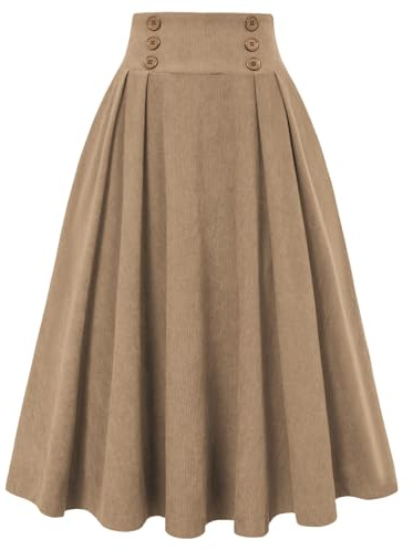 Belle Poque Cordrock für Damen Hohe Taille Midi Rock Vintage A-Linie Faltenröcke mit Taschen Beige XL