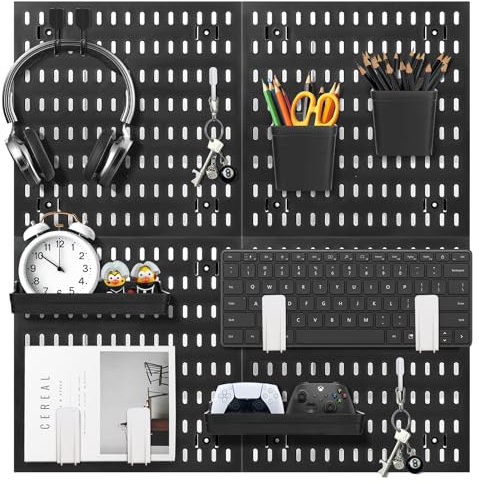Schwarzes Stecktafel-Kombinationsset, vielseitiger Wand-Organizer mit 4 Kunststoffplatten und 38 Zubehörteilen für Bastelraum, Badezimmer, Kinderzimmer, Büro und Gaming-Setup mit anpassbaren