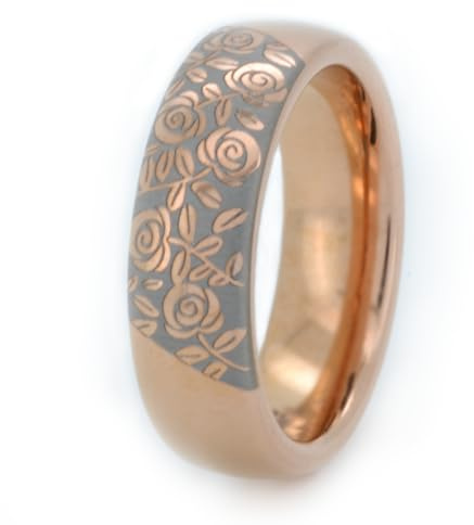 Generisch HoloRing Roségold Wolframring mit Feiner Weißer Gravur von Rosen - Komfort-Design, Kratzfest, Hypoallergen, Personalisierte, 6mm Breite, Hochzeitsringe, Partnerringe, Verlobungsring (52)