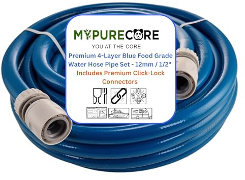 MYPURECORE Blue 12mm 1/2 Cold Water Hose Pipe – Premium Food Grade Drinking Water Hose with Connectors – Flexible PVC Tubing for Caravan, Motorhome, Campervan, Boat & Garden – Non-Toxic & Safe (50m)