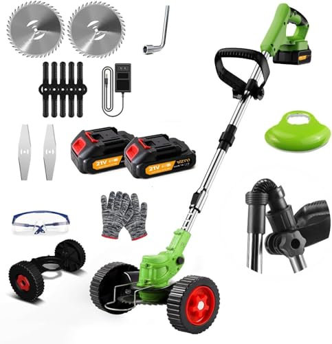 Cordless Grass Strimmer 21V, Electric Cordless Strimmer/Edger Telescopic Lightweight with Metal Blades, 2 X 2.0Ah Battery, with Removable Wheels, Garden Strimmer Cordless Grass Cutter for Lawn