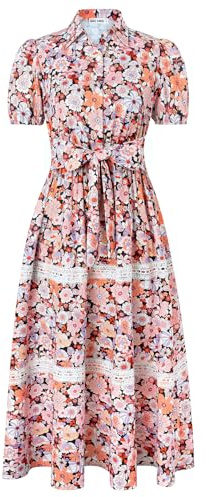 GRACE KARIN Damen Kurzarm Freizeitkleid Sommer Langes Blumenkleid Elegant Florales A-Linie Party Strandkleider Gelbe Blume-Schwarz M