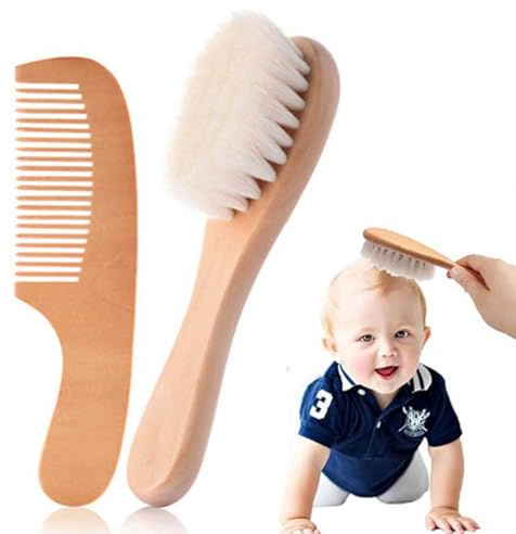 GNALIA Peine Bebé, 2 Unidades, Cepillo Peine Madera Natural 15Cm Largo X 4Cm Ancho, Marrón, Cerdas Suaves Cabra Para Bebés Niños Pequeños