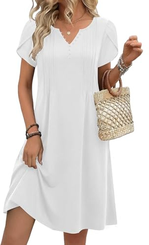 Zeagoo Vestido de Mujer para Verano Manga Corta Escote en V Elegant Vestido | Informal en A con Botones y Bolsillos S-XXL