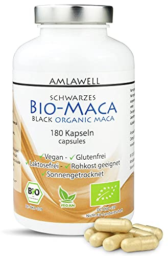 Amlawell schwarze Bio Maca Kapseln - Vegan - Peru - ohne Laktose und Gluten - aus deutscher Herstellung - 180 Kapseln in einer Packung - DE-ÖKO-039