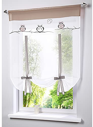 Smithoom 1 Stück Raffrollos für Küche Voile Sheer Gardinenstange Tasche mit Eule bestickt für Kinder Schlafzimmer Wohnzimmer Balkon kleine Fensterdekoration Khaki 60x140cm