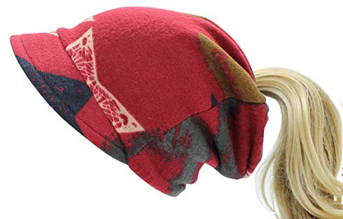 dy_mode Damen Schirmmütze Beanie Mütze Mit Schirm Zopfloch Gefüttert & Modelle Ohne Futter - BM203 (BM0206-Rot)