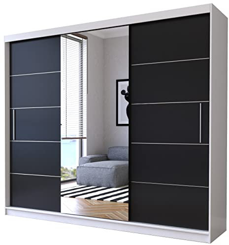 Fabryka Mebli Idźczak Kleiderschrank mit Spiegel, Schiebetüren - Weiß/schwarz Schwebetürenschrank, Schlafzimmerschrank - ‎61 x 250 x 218 cm - Schrank für Schlafzimmer, Wohnzimmer, Garderobe