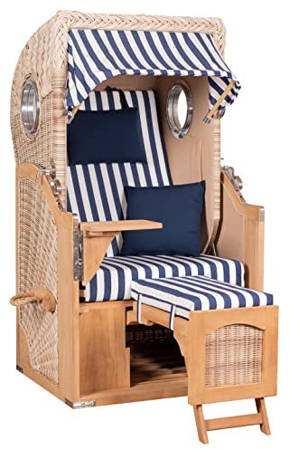 MR. DEKO® Strandkorb Düne Single Teak 1-Sitzer Bullauge | PE Geflecht Shell | Volllieger verstellbar mit Fußablage | inkl. 2 Kissen Wechselpolster | Strandkörbe fertig montiert | Bezug Dessin 518