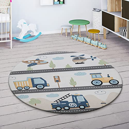 Paco Home Spielmatte Teppich Kinderzimmer Kinderteppich Junge Mädchen Spielteppich rutschfest Modern Berge Wolken Creme Blau Grau, Grösse:150 cm Rund
