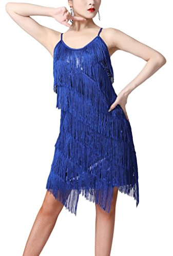 Freebily Abiti da Ballo Donna Senza Maniche Tango Latin Jazz Paillettes Nappa Abito Vestito Vestiti da Latino Americano Frange Lustrino Vestiti da Rumba Salsa Samba Blu Reale L