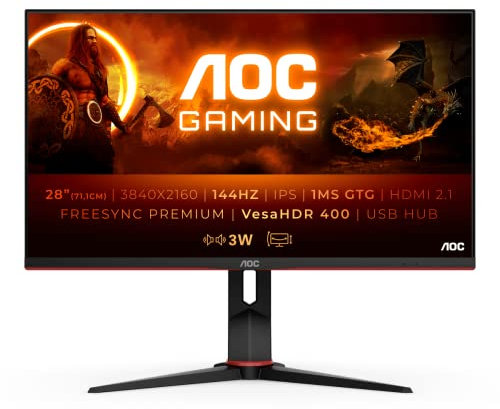 AOC Gaming U28G2XU2 - 28 Zoll UHD Monitor, 144 Hz, 1 ms, FreeSync PremiumPro, HDR400 (3840x2160, HDMI 2.1, DisplayPort, USB Hub) schwarz/rot
