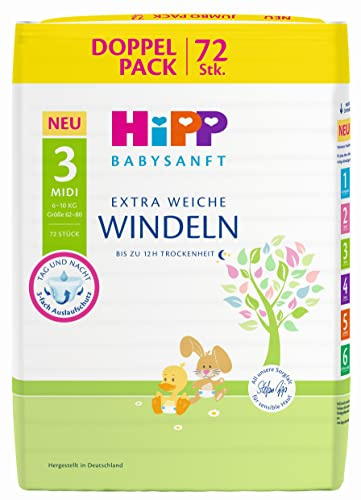 HiPP Babysanft Windeln Midi 3 Doppelpack, 3er Pack (3 x 2 x 36 Stück)