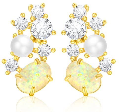 Opal Ohrstecker für Frauen, Goldene Perlenohrringe mit Glänzendem Zirkonia, Niedliche Ohrringe für Mädchen/Frauen, Schmuckgeschenke für Töchter, Schwestern, Freunde, Freundinnen